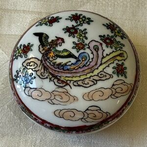 Porcelain Chinese 3” Trinket Box Hand-Painted Phoenix Butterflies Floral Design